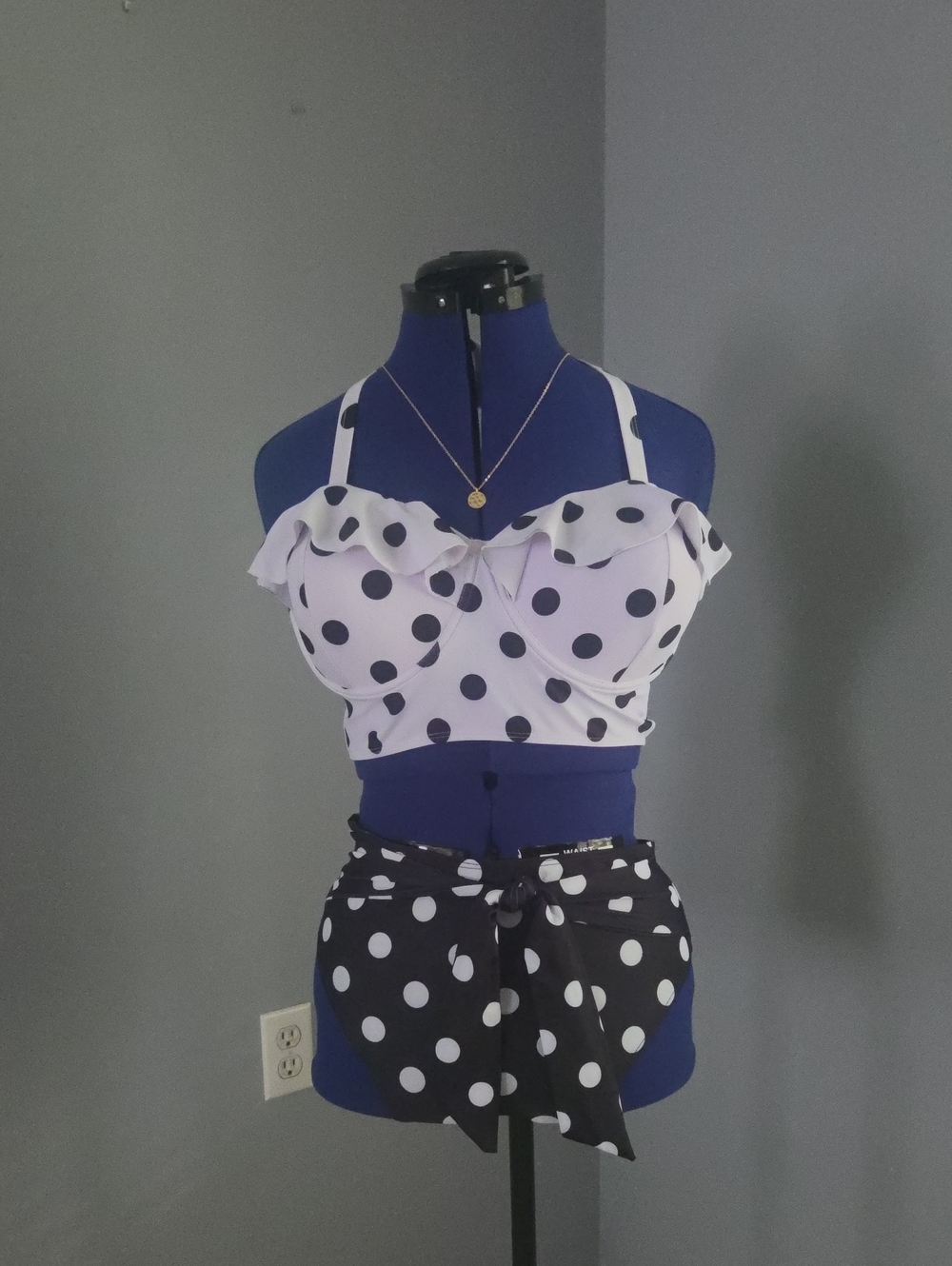 Polka Dot Ruffle Bikini Set - White & Navy